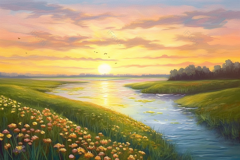 明亮的大自然草地河流景色油画背景图,插画/手绘图,插画/手绘图库,插画/手绘图下载,插画/手绘